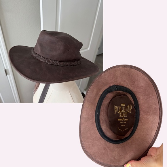 Minnetonka The Fold Up Genuine Leather Hat Dark Brown Size Large - Picture 2 of 4